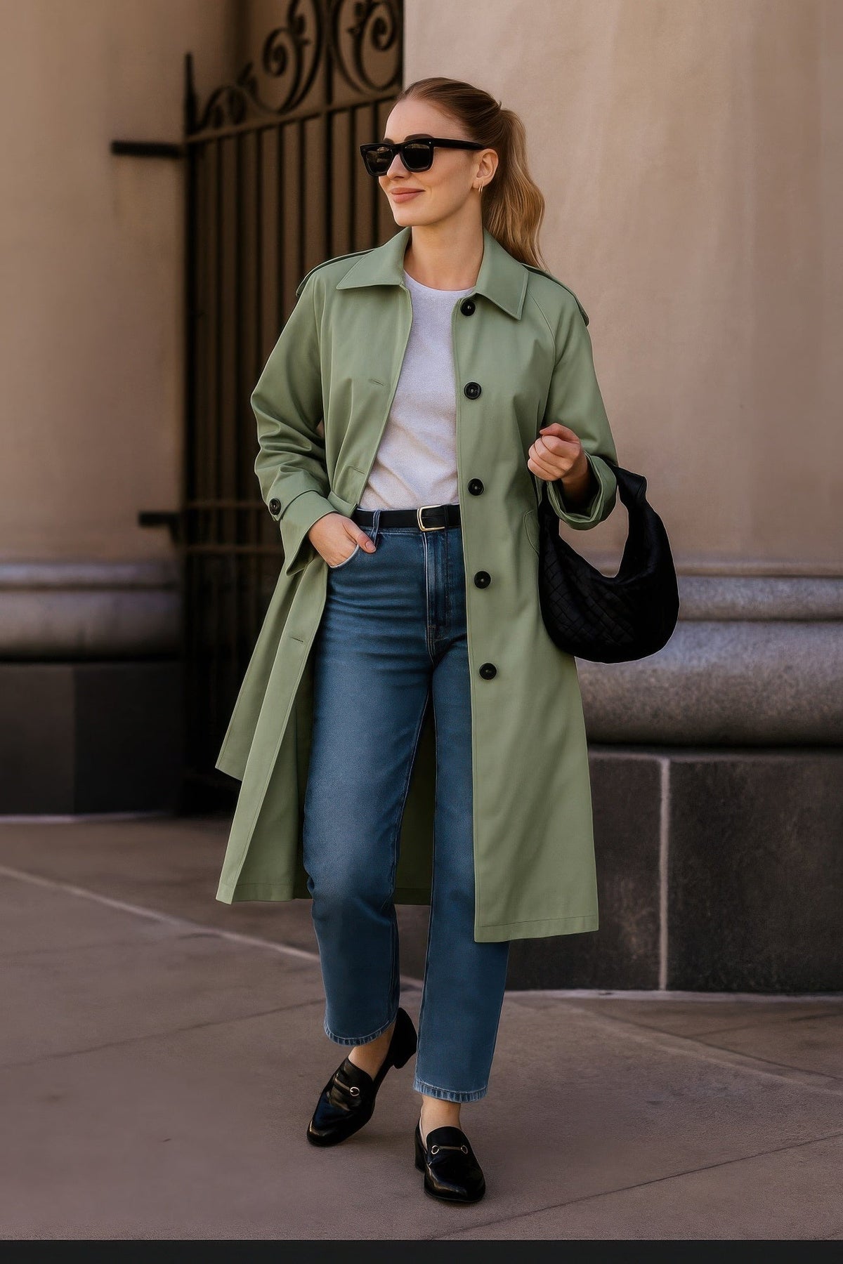 Solid Long Sleeve Trench Coat Woman Lined